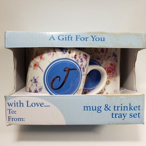 Ceramic Mug Tea Dish Set Gift Box Monogram J Coffee or Tea Saucer NOS Boxed - Picture 2 of 8